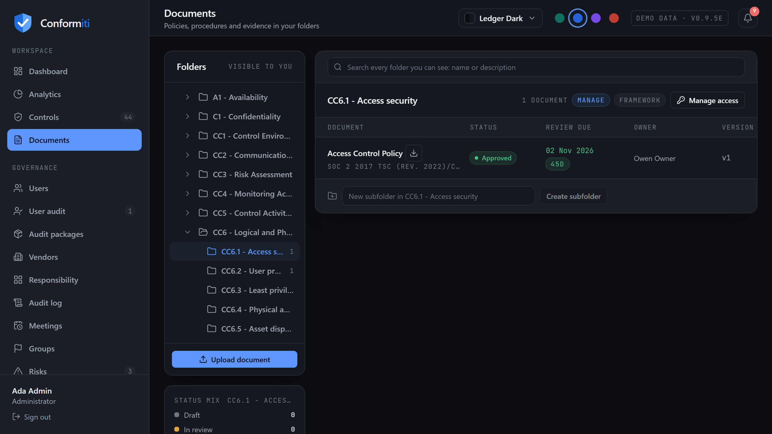Documents page: keyboard-navigable folder tree beside a document list showing status, review due, owner, version and mapped controls