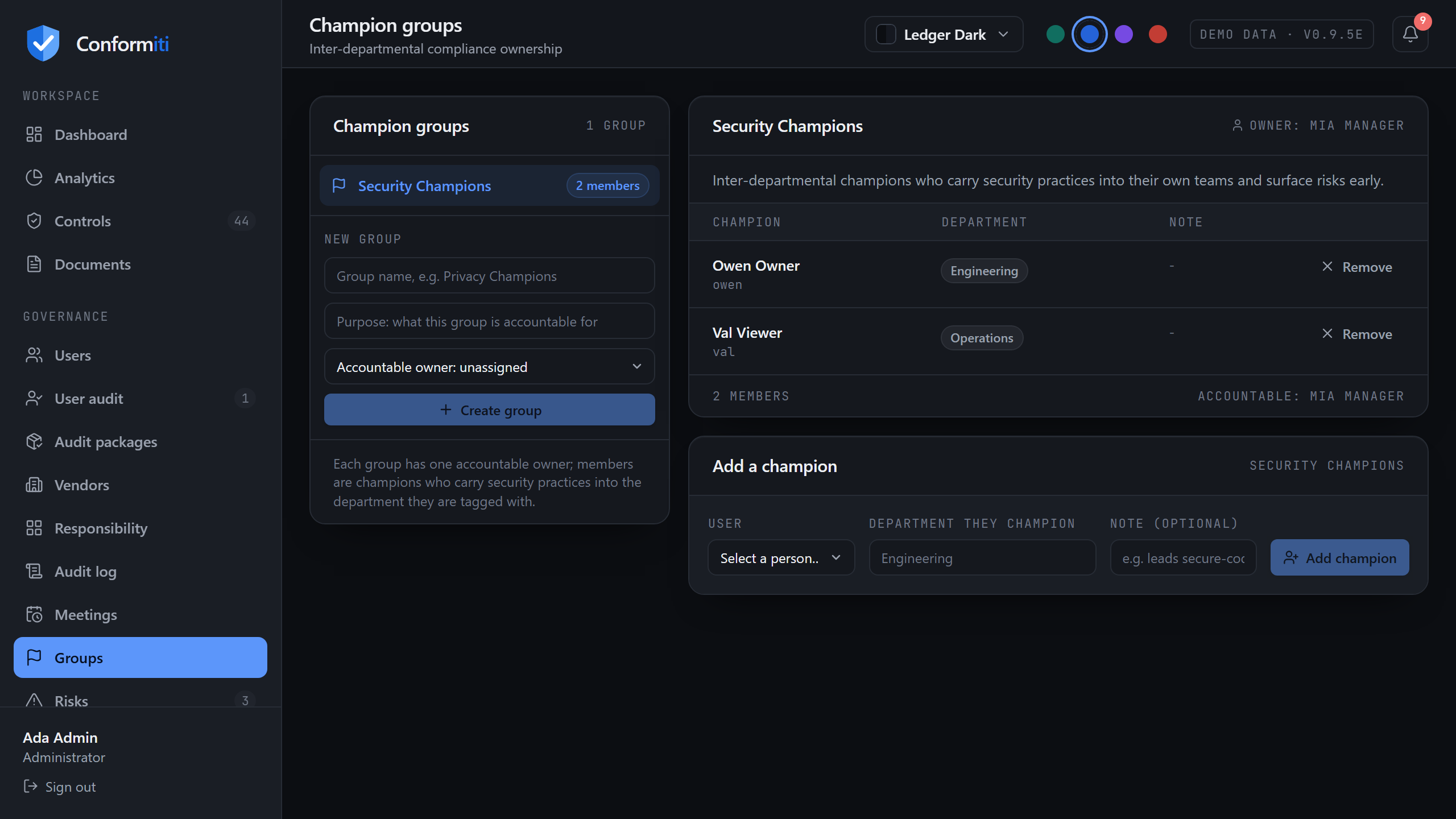 Champion groups page showing groups with an accountable owner and members tagged by the department they represent