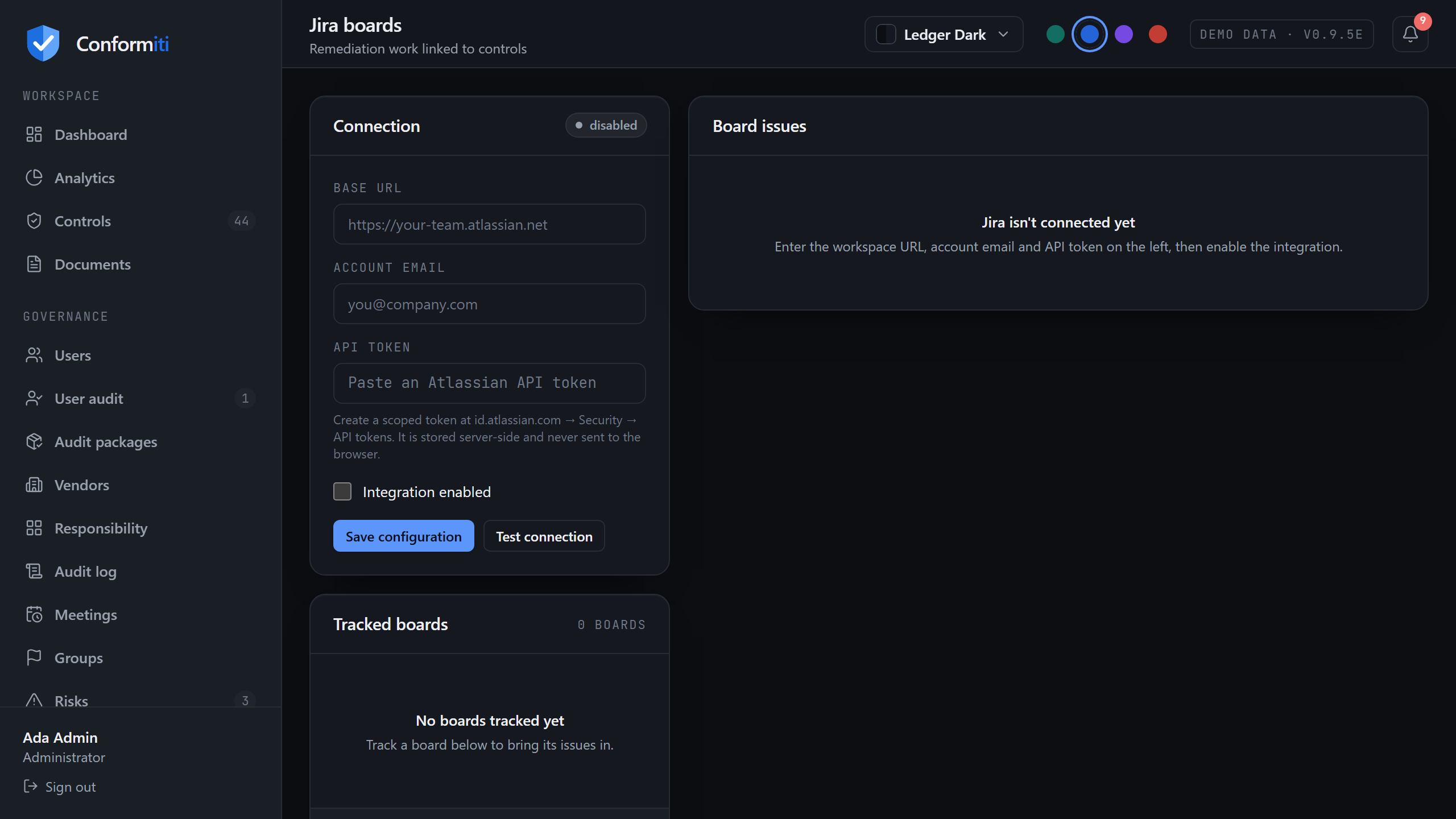 Jira integration page showing tracked boards and their issues read through the server-side client