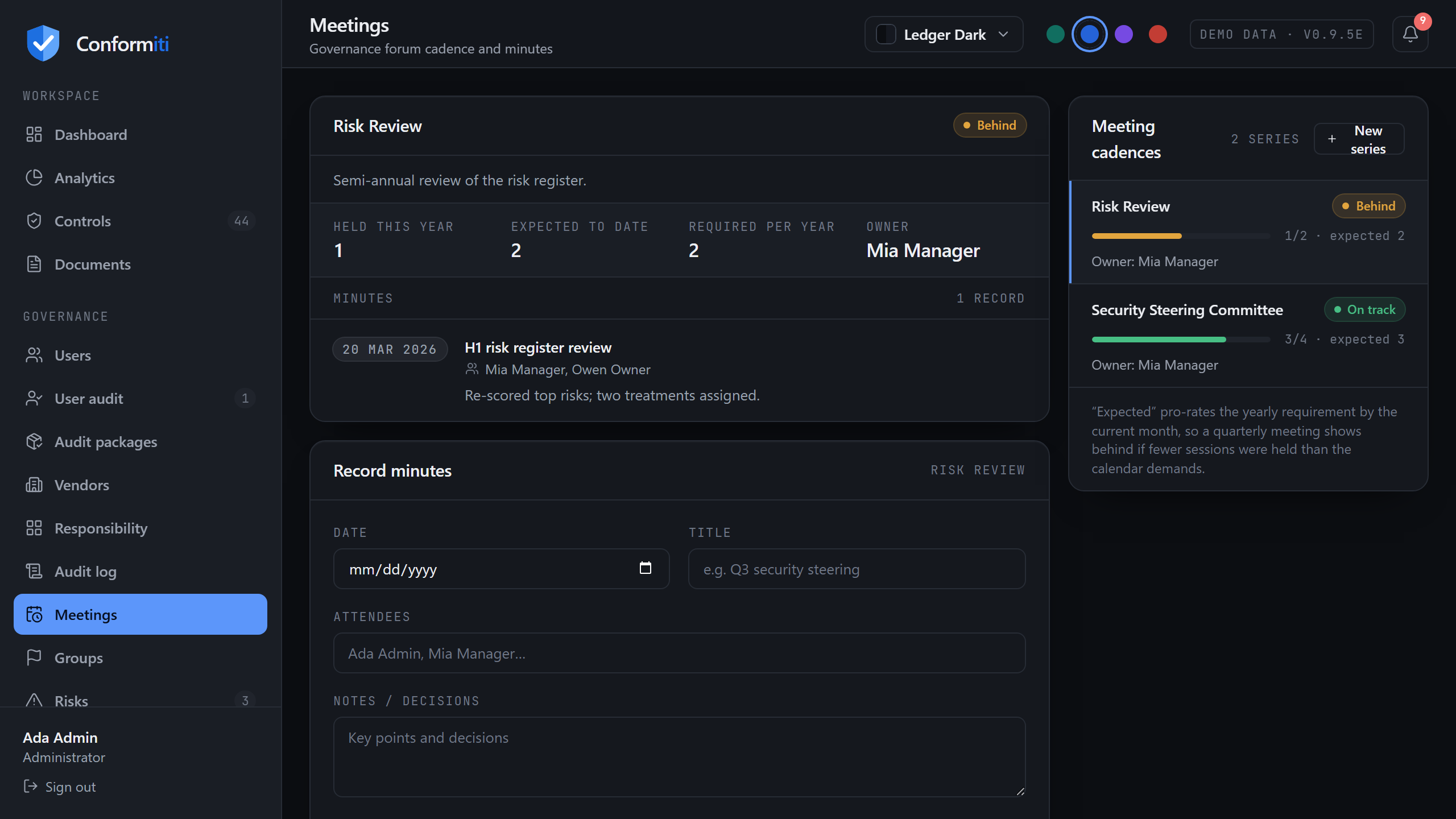 Meetings page listing series such as steering committee and risk review with cadence, minutes held this year and a status badge