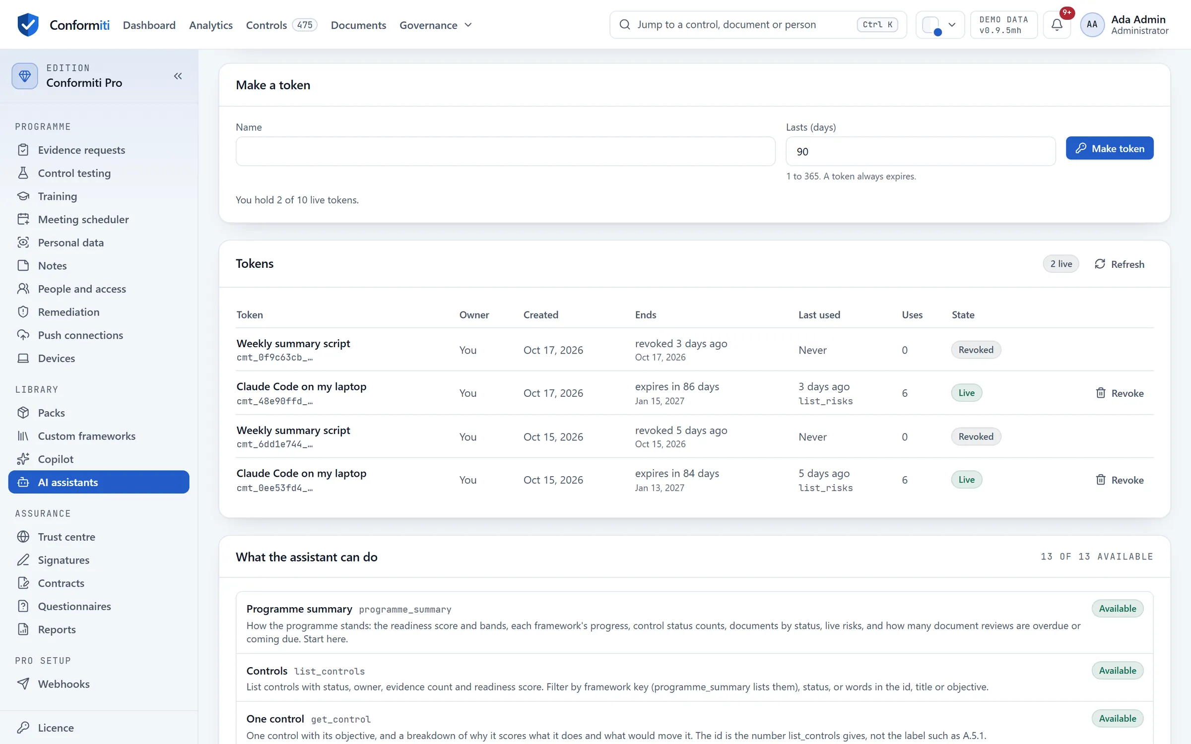 AI assistants: a form to make a personal token, and the list of tokens with their owner, expiry, last use and state.