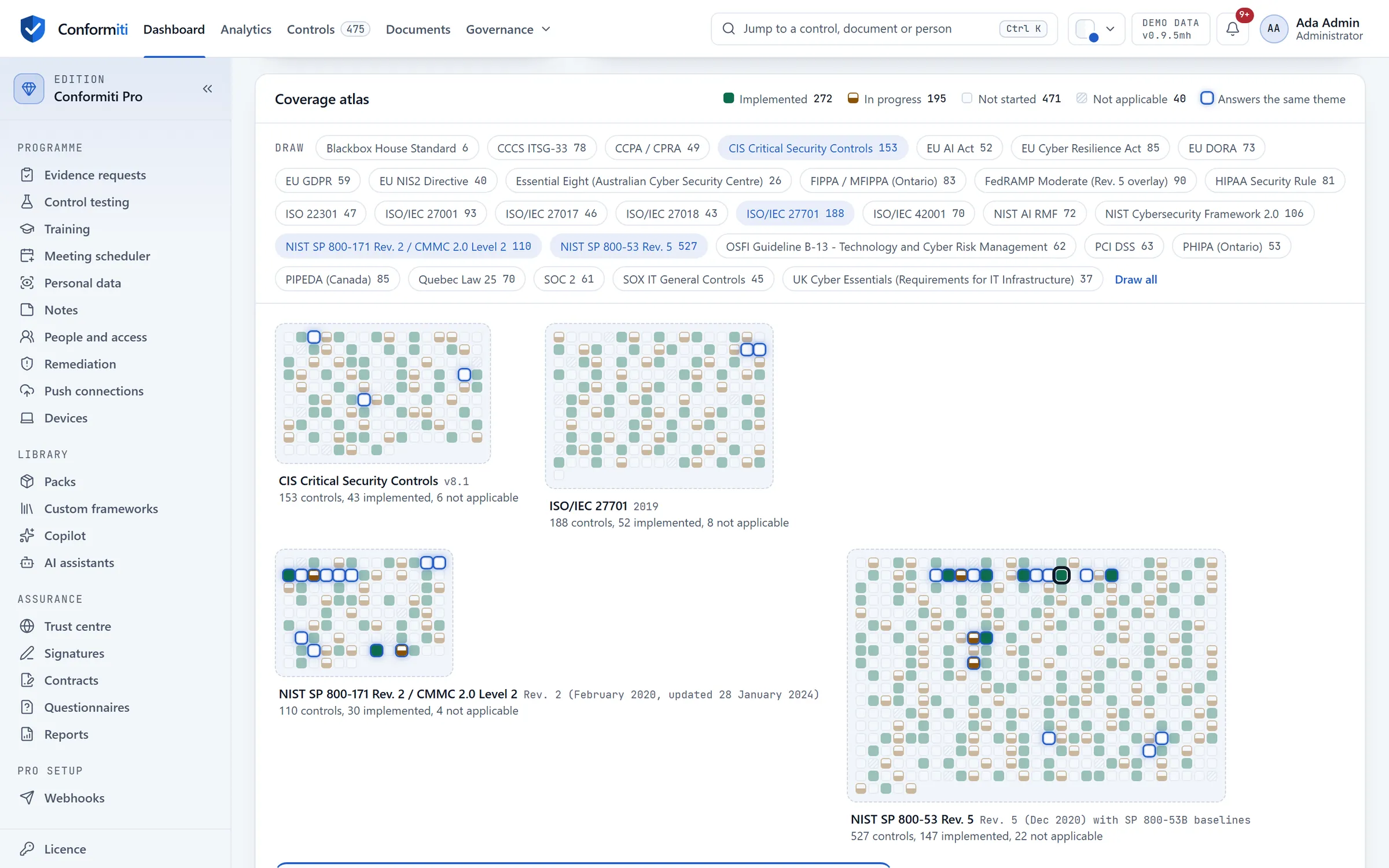 The coverage atlas on the demonstration company with every library installed: a button for each library, four of them drawn as fields of squares, and the controls that answer the same theme as a pinned NIST SP 800-53 control lit across the four.