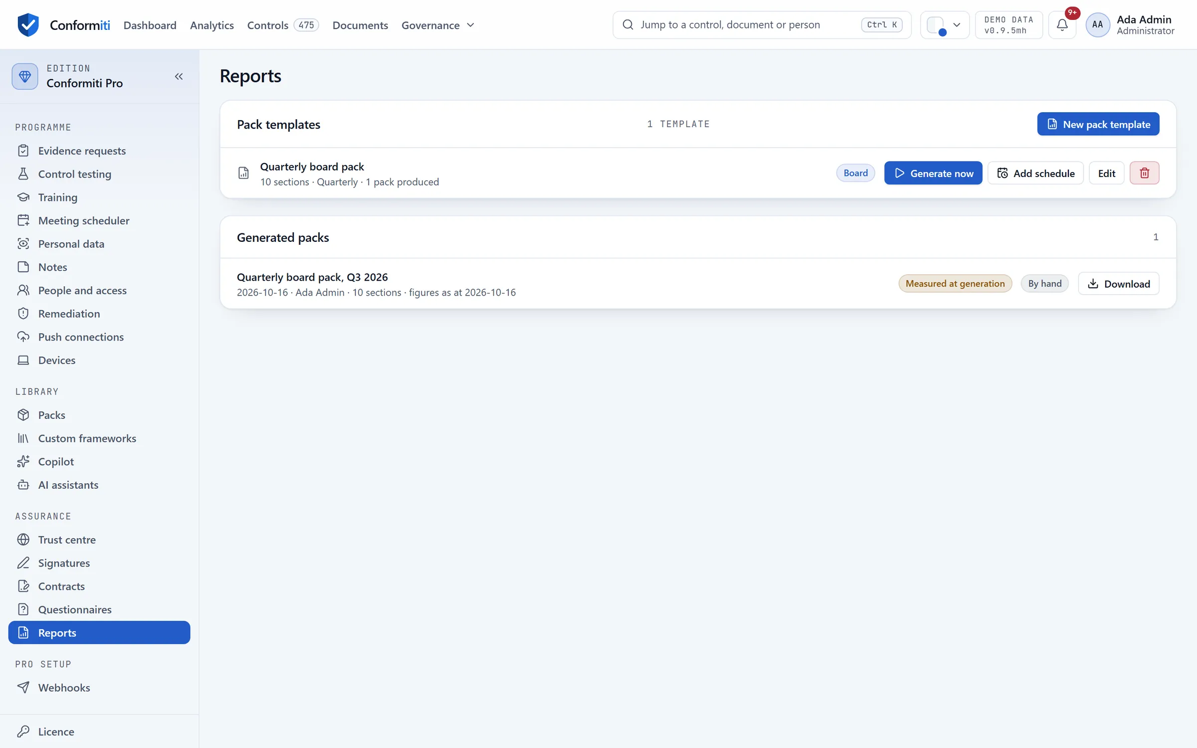 Reports: a quarterly board pack template of ten sections, and the Q3 2026 pack generated from it, ready to download.