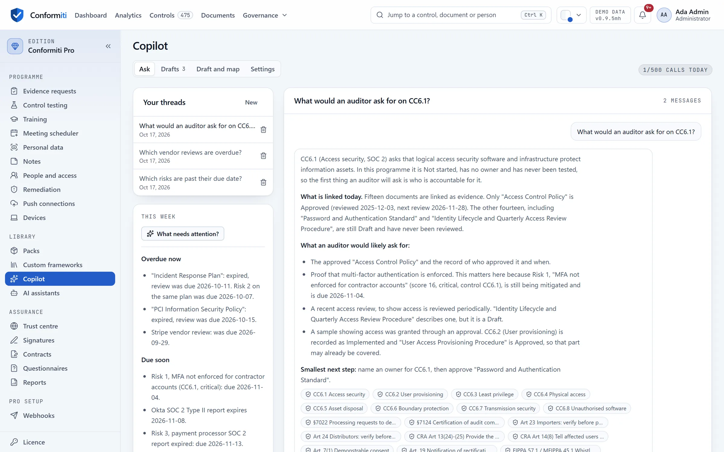 Copilot, Ask: a question about what an auditor would ask for on CC6.1, answered from the programme with its sources, beside the list of threads and the weekly summary.