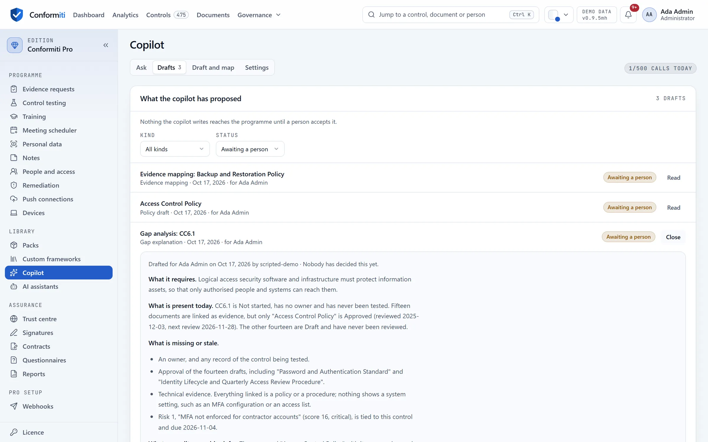 Copilot, Drafts: an explanation of the gap on CC6.1 awaiting a person, setting out what the control requires, what is present, what is missing and what an auditor would ask for.