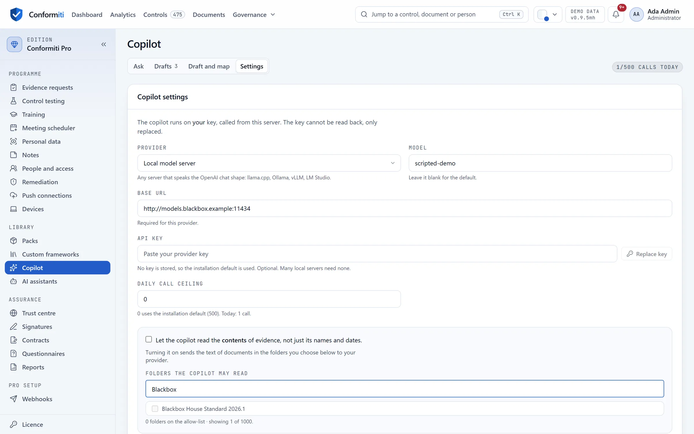 Copilot settings: a local model server chosen as the provider, with its base URL and no key stored.