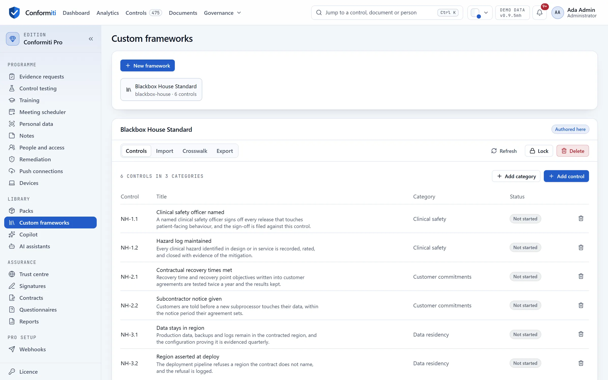 Custom frameworks: a house standard with six controls in three categories, with tabs to import, crosswalk and export.