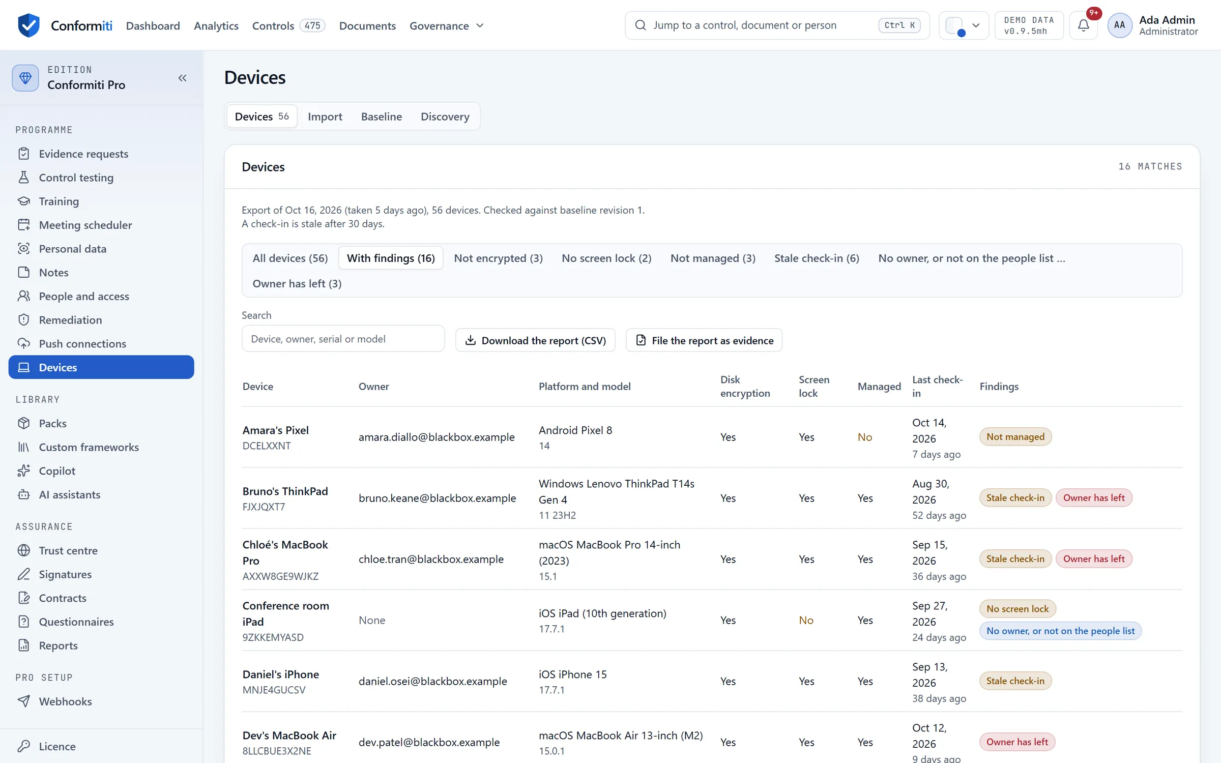 Devices: 16 of 56 devices fail the baseline, each listed with its owner, platform, last check-in and findings such as not managed, stale check-in or owner has left.