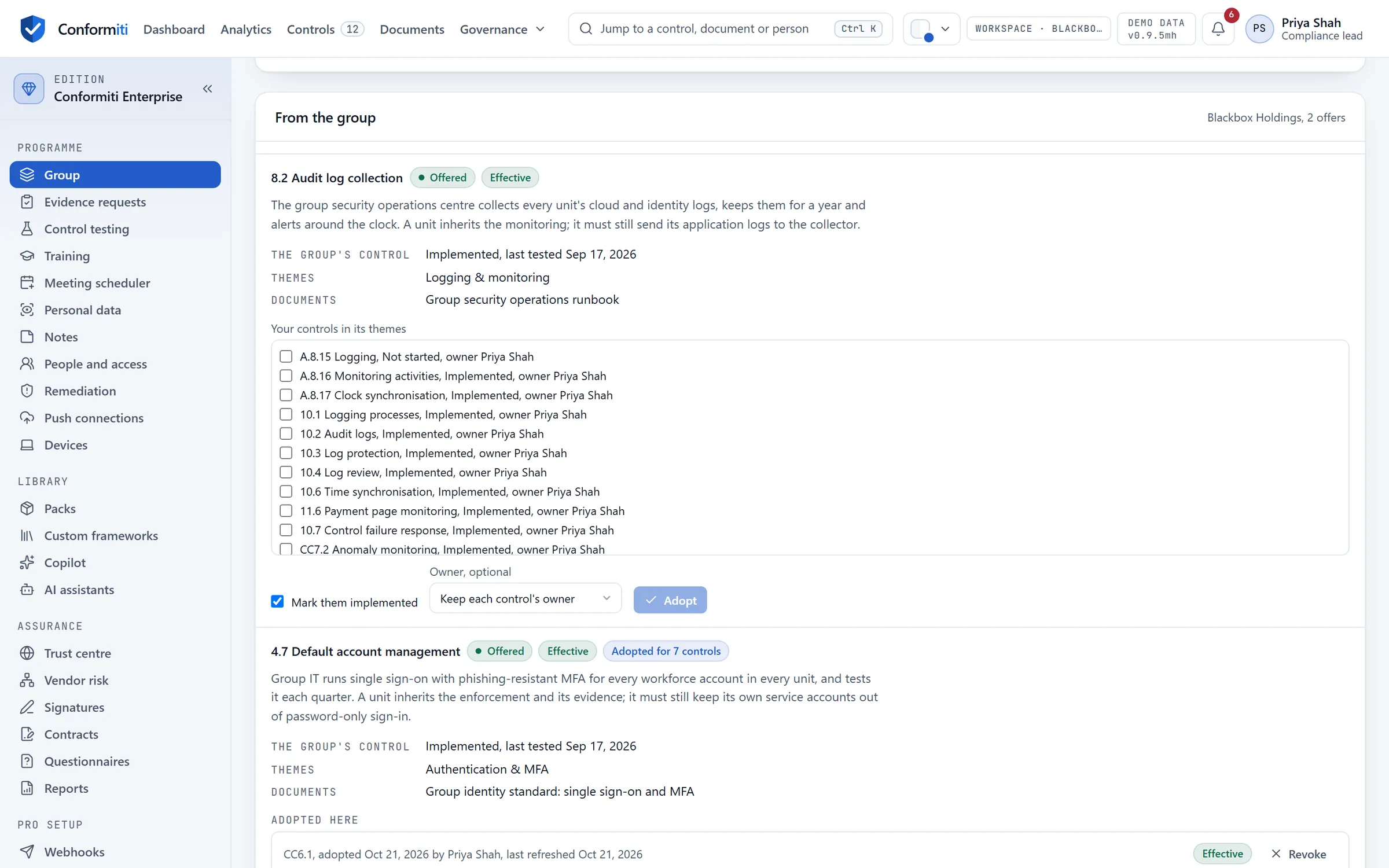 Inside a unit: what the group offers, with the statement of what the unit inherits and must still do, and the controls it was adopted for.