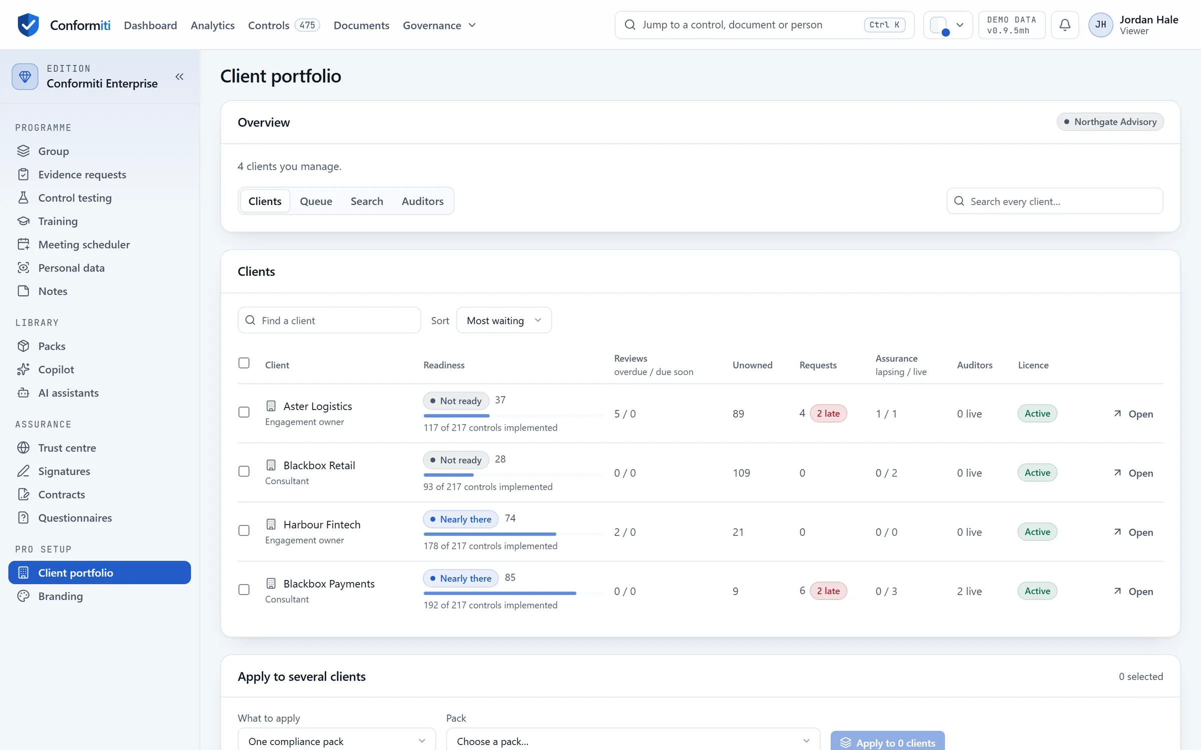 The client portfolio for a consultancy: every client with its readiness score and band, overdue work and auditor access, ranked by what needs attention.