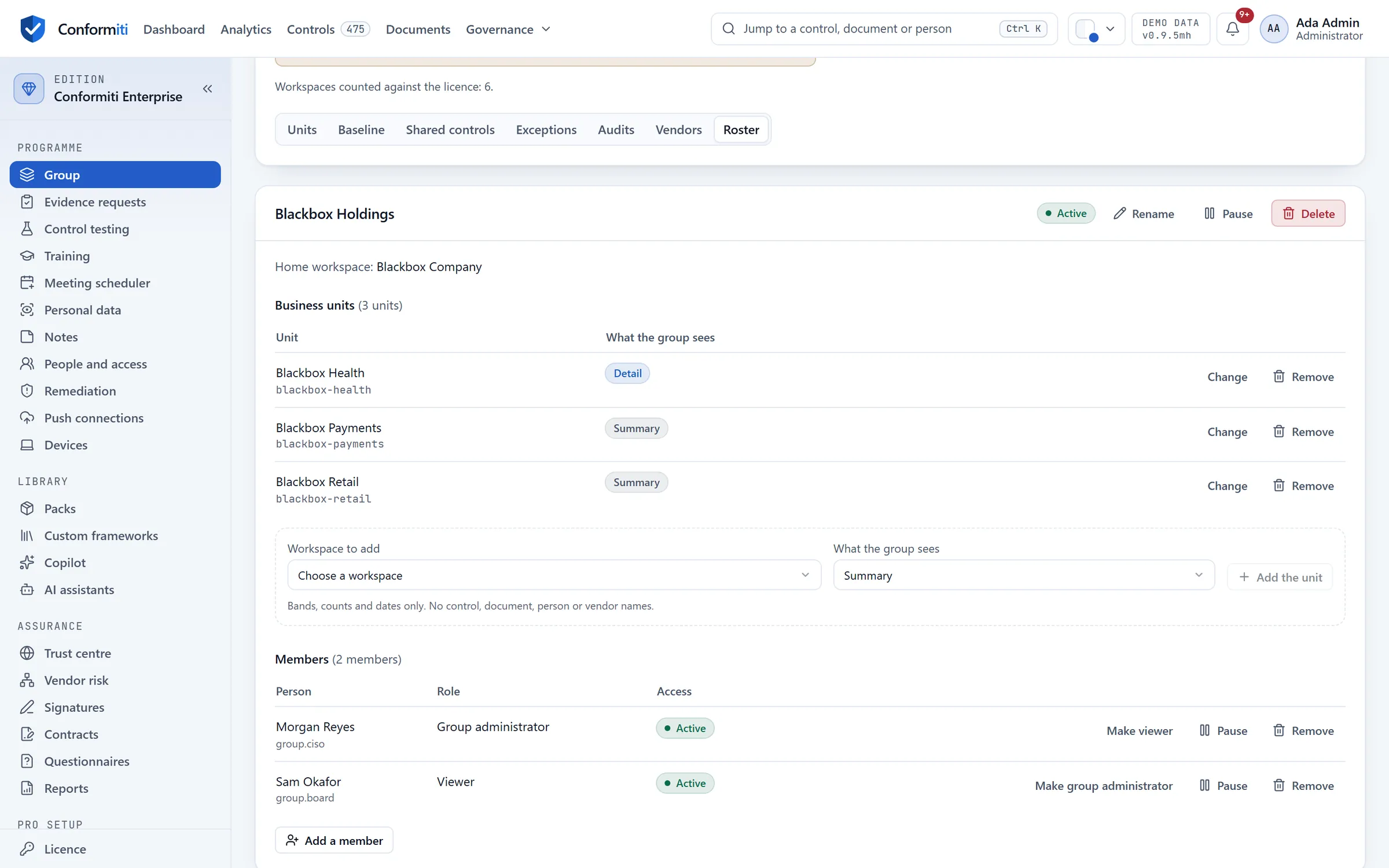 The roster, a superuser's tab: the group's home workspace, its units with their disclosure, and the members with their roles.