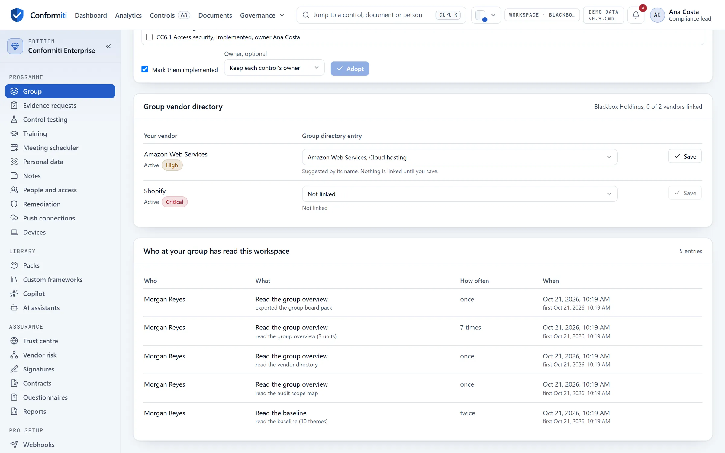 Inside a unit: its own vendors, each linked to a group directory entry or offered a suggested match the unit confirms, and below them the list of who at the group has read this workspace.