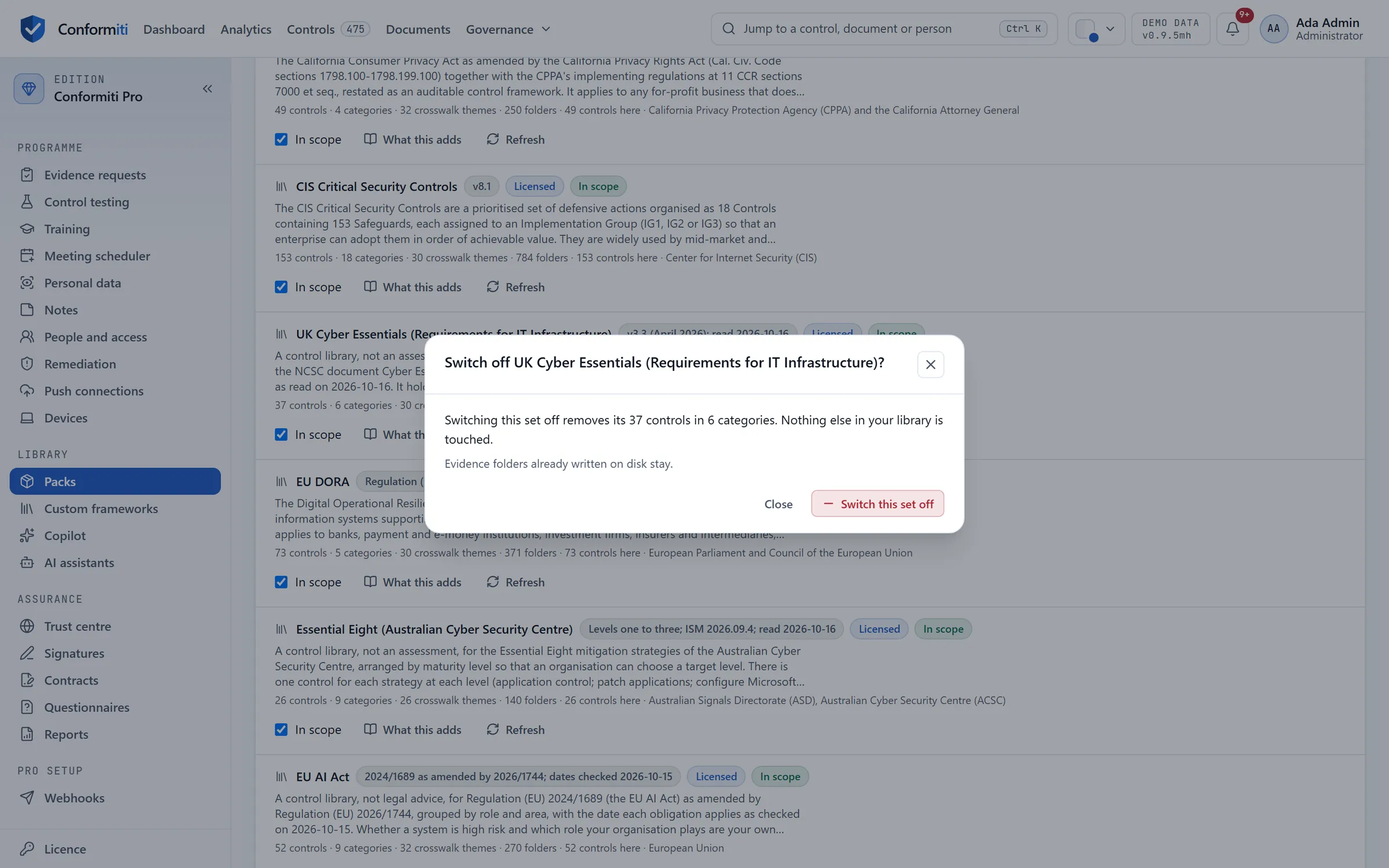 Switch off UK Cyber Essentials: the dialog says it removes 37 controls in 6 categories, touches nothing else in the library, and leaves the evidence folders already written on disk.