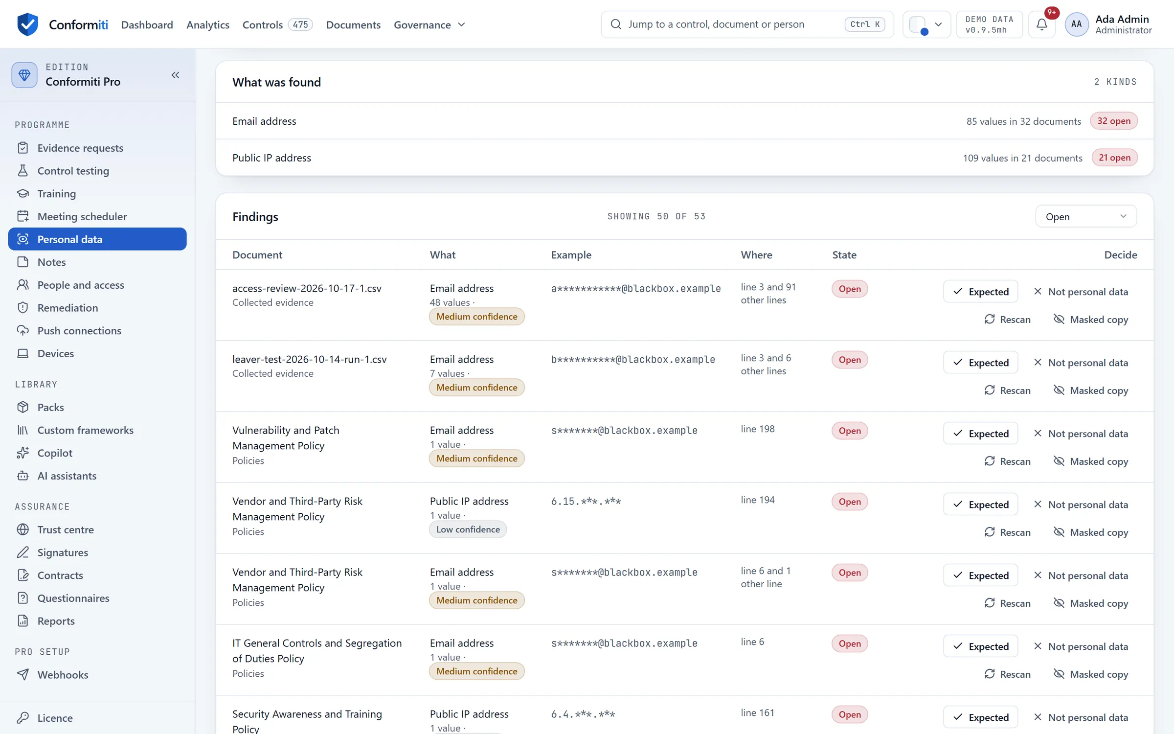 Personal data: a summary of what was found, 85 email addresses in 32 documents and 109 public IP addresses in 21, and a list of findings with masked examples and a decision for each.