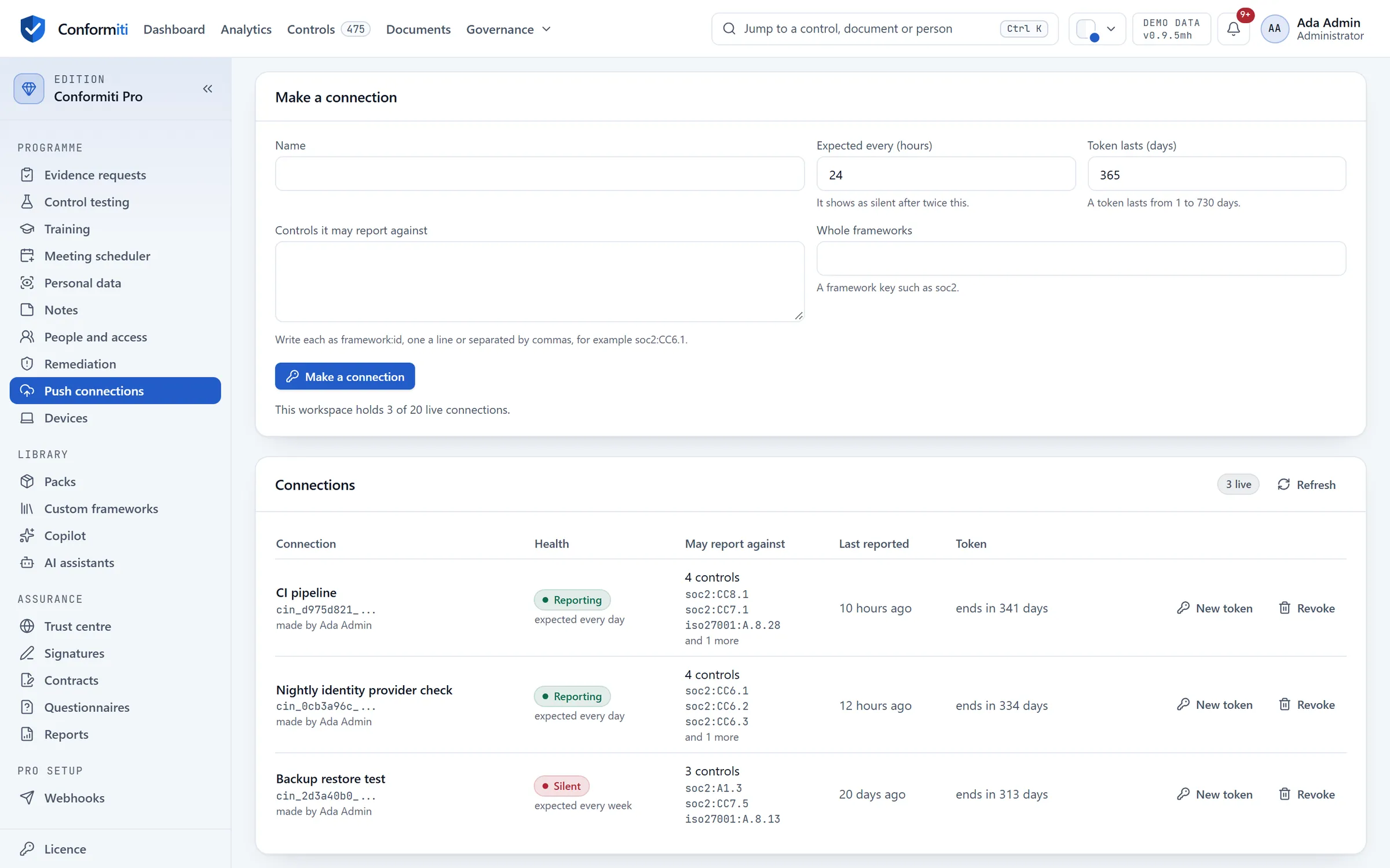 Push connections: three jobs that report results against controls, two reporting on schedule and one silent, with the controls each may report against.