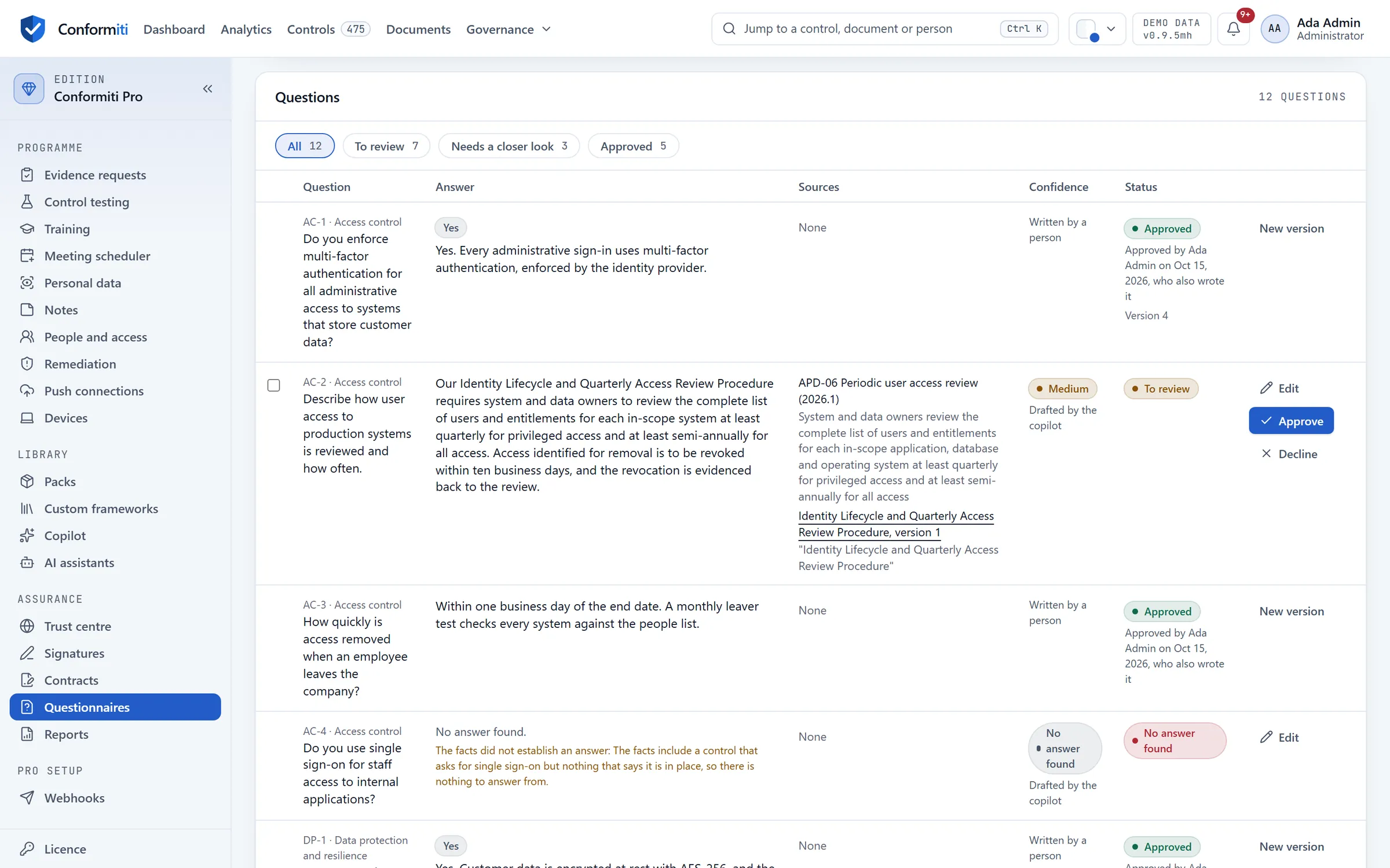 A customer's security questionnaire with twelve questions: five approved, drafts with their sources and a confidence band waiting for review, and two marked no answer found with the reason.
