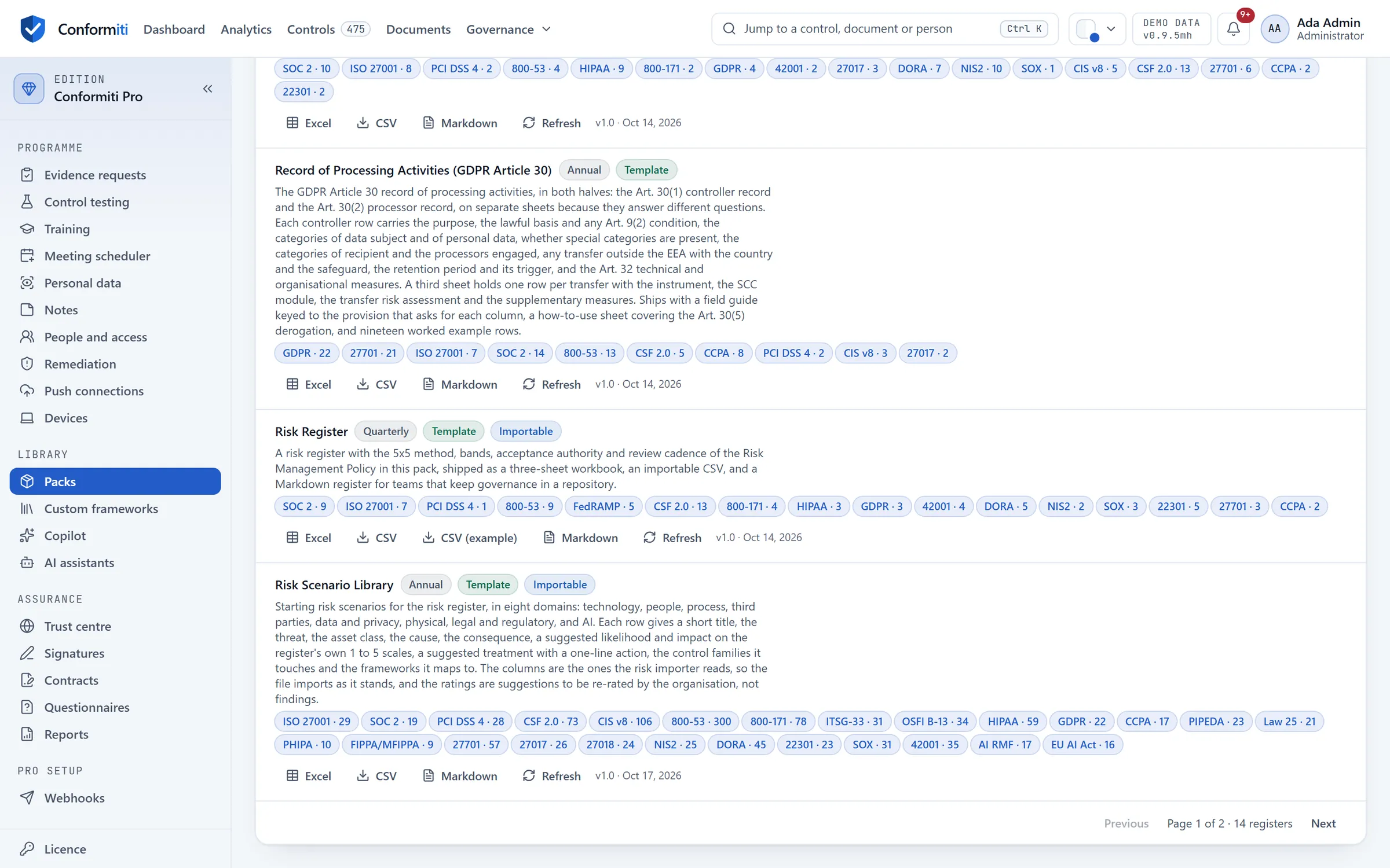 Registers and templates: workbooks with the controls each one supports, including the Risk Scenario Library of starting risk scenarios.