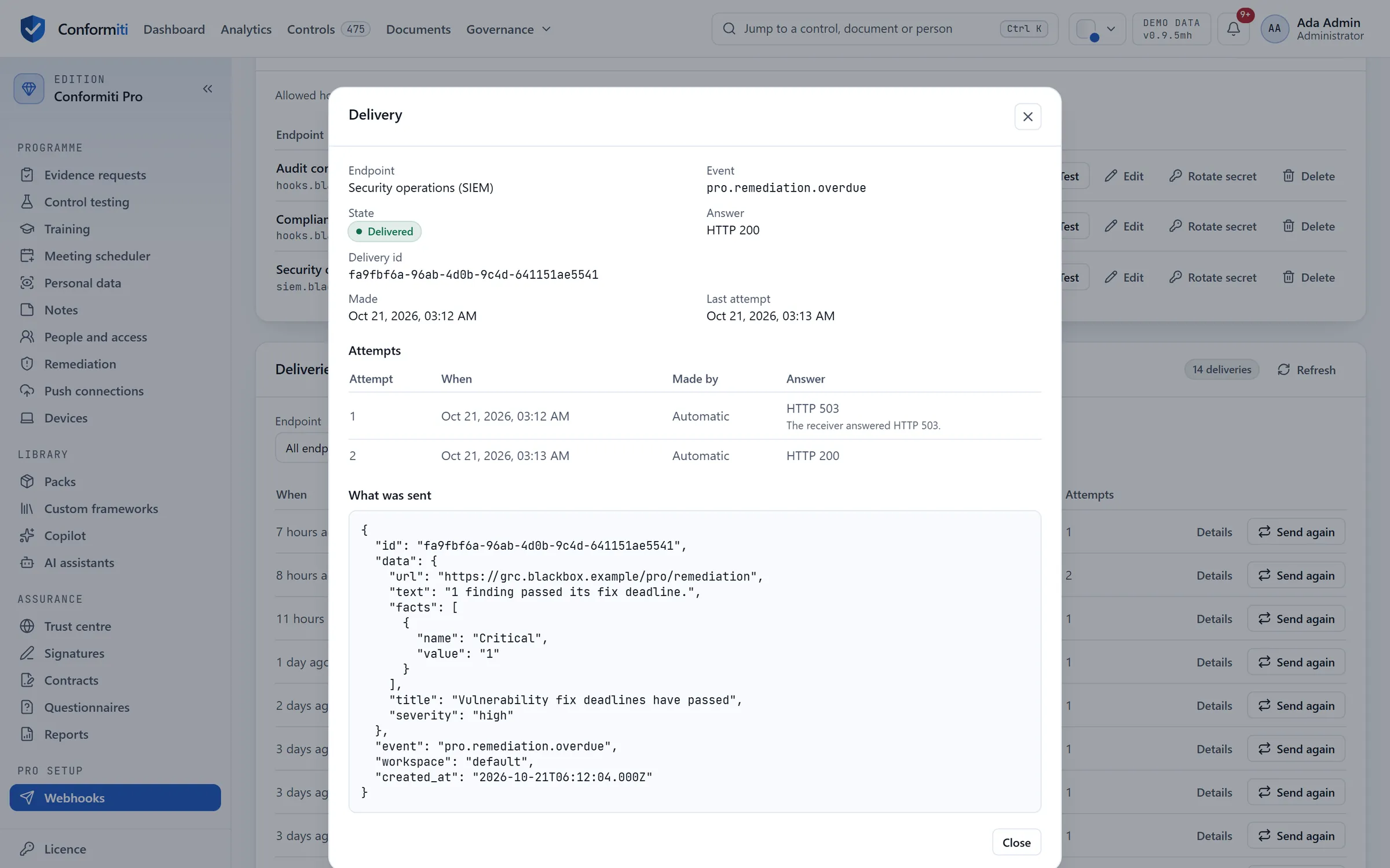 One webhook delivery opened: the endpoint and event, two attempts, the first answered HTTP 503 and the second HTTP 200 a minute later, and the signed JSON that was sent.