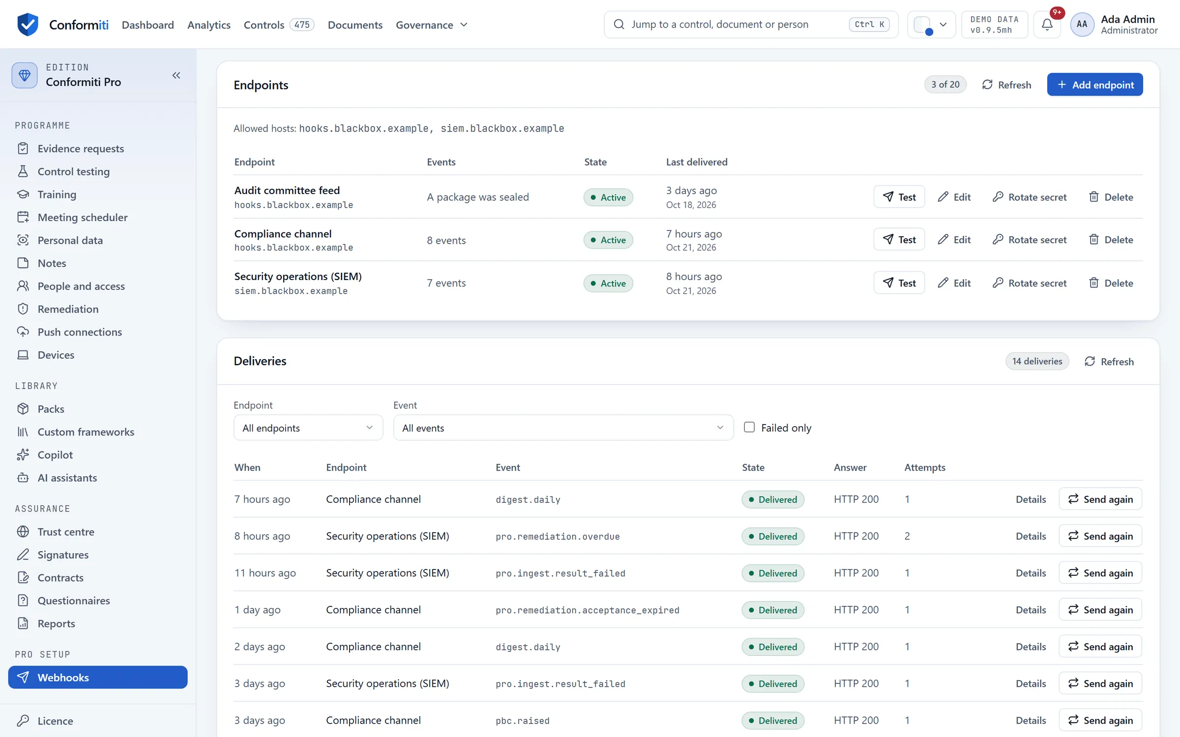 Webhooks: three active endpoints, Audit committee feed, Compliance channel and Security operations (SIEM), each with the events it receives, and below them a log of 14 deliveries, the newest all delivered with HTTP 200.