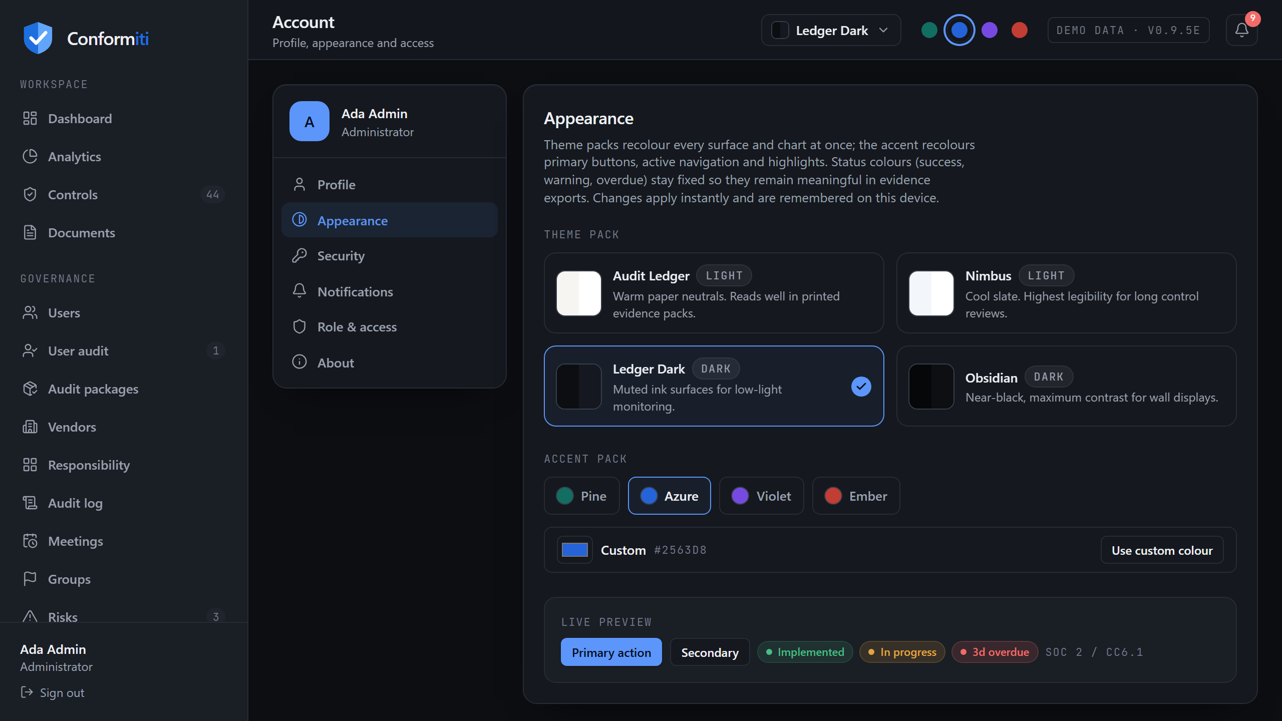 Settings page with profile, appearance theme packs, security including two-factor and passkeys, notifications and role and access sections
