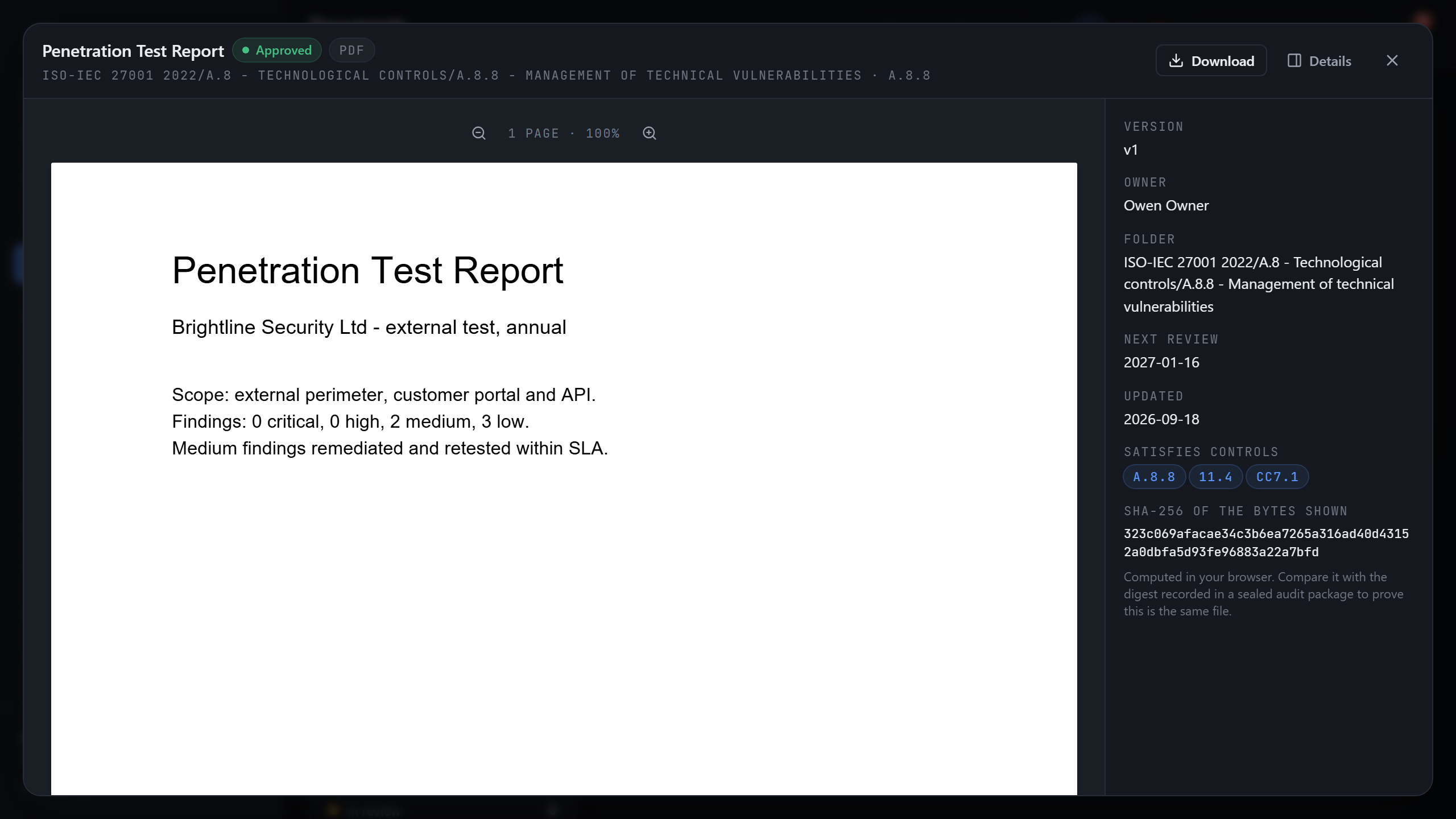 Evidence opened in the browser showing the rendered document alongside its version, mapped controls and a SHA-256 digest